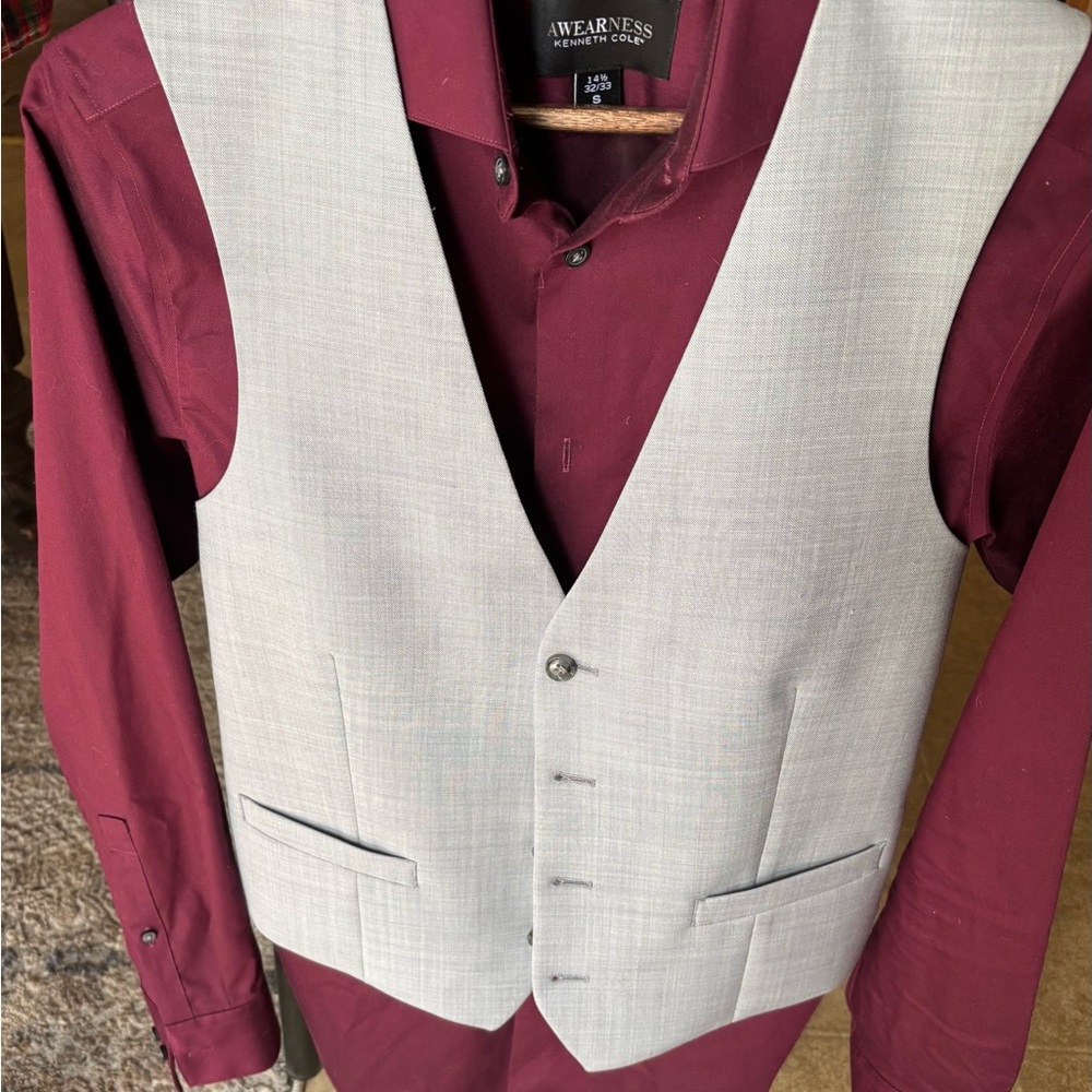 Kenneth Cole Burgundy Dress Shirt with Gray Vest. Size small slim fit.